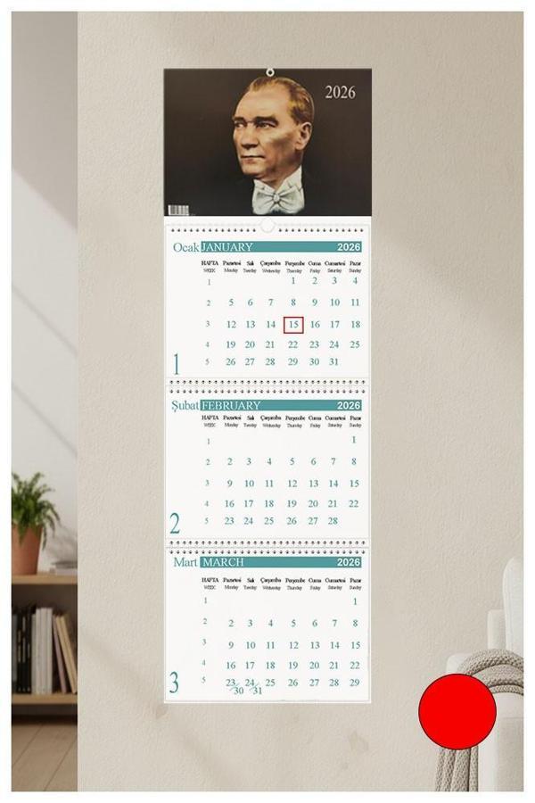 2026 Duvar Takvimi Atatürk Resimli 3 Aylık Gemici Takvimi Resimli NO 2 Jumbo Boy Askılı Spiralli Takvim Yeni Yıl Kırmızı - Image 1