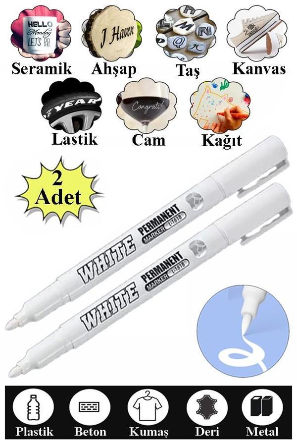 Beyaz Keçeli Kalem 2 Adet Kalıcı Marker Kalem Yağ Bazlı Cam Metal Seramik Ahşap Lastik Plastik Taş Yüzey - Image 1