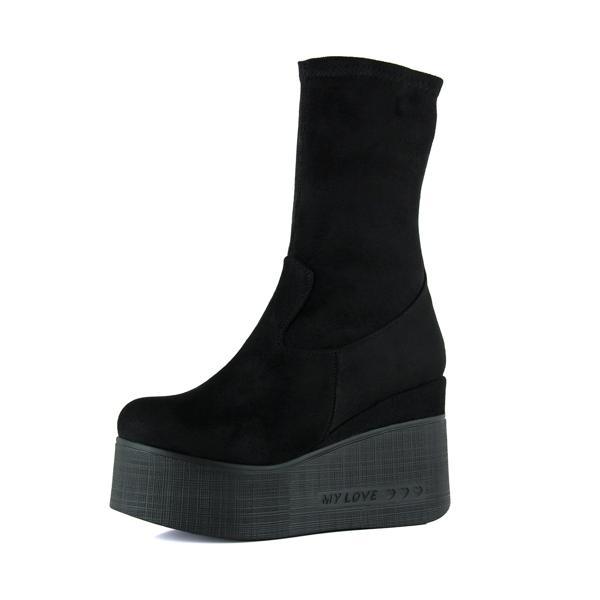 Erkan saçmacı Yuki Siyah Süet Streç Kürk Astarlı Fermuarlı Yuvarlak Burun Gizli Dolgu Topuklu Bot - Image 1