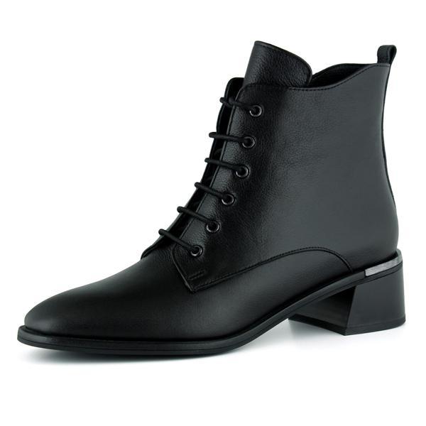 Erkan saçmacı  Siyah Hakiki Dana Derisi Bağcıklı Fermuarlı Yuvarlak Burun Kalın Topuklu Günlük Bot - Image 1