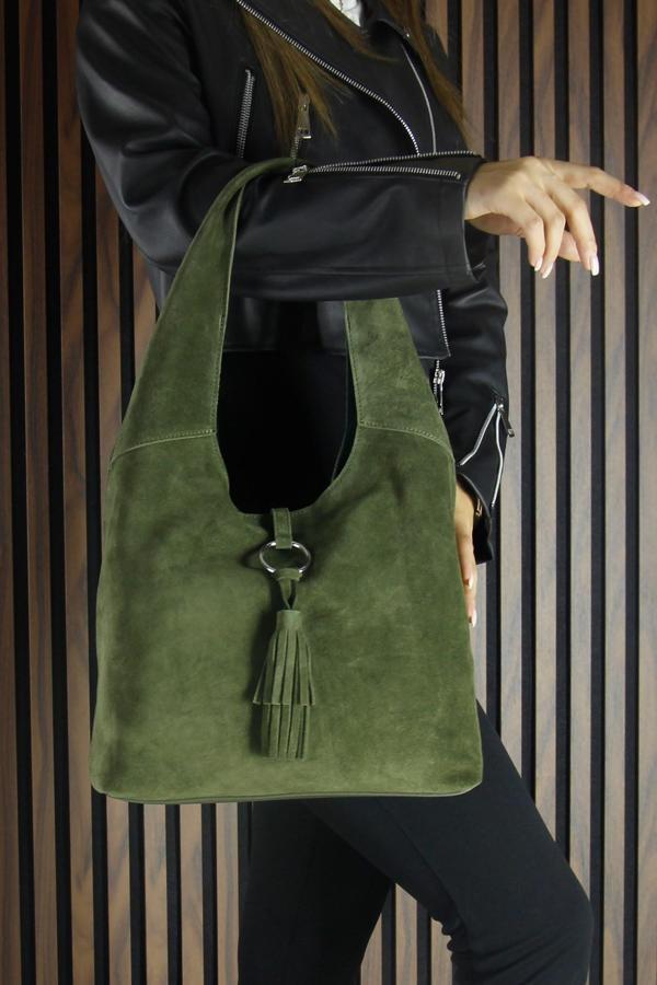 Erkan Saçmacı Haki Hakiki Dana Süet Püsküllü Manyetik Kapaklı Orta Boy Günlük Omuz Çantası - Image 1