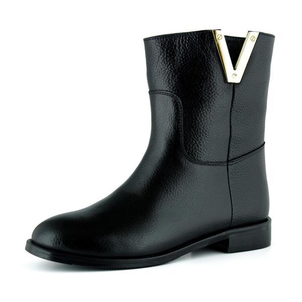 Erkan saçmacı Siyah Hakiki Dana Derisi Metal Detaylı Fermuar Yuvarlak Burun Kalın Topuklu Günlük Bot - Image 1