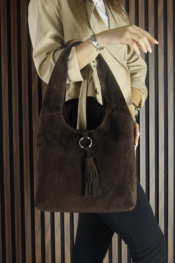 Erkan Saçmacı Kahve Hakiki Dana Süet Püsküllü Manyetik Kapaklı Orta Boy Günlük  - Image 1