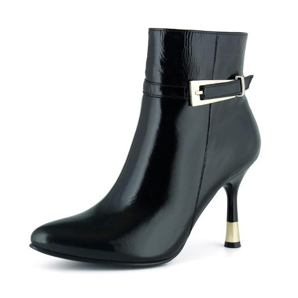 Erkan saçmacı  Siyah Rugan Hakiki Dana Derisi Tokalı Fermuarlı Sivri Burun İnce Topuklu Günlük Bot - Image 1