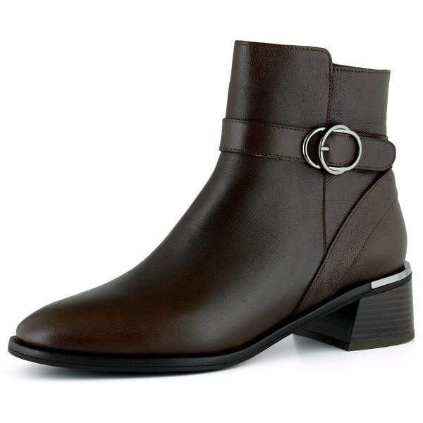 Erkan saçmacı Kahverengi Hakiki Dana Derisi Tokalı Fermuarlı Yuvarlak Burun Kalın Topuklu Günlük Bot - Image 1