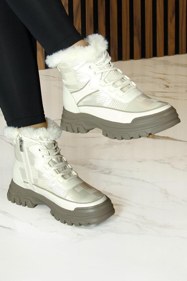 Erkan saçmacı  Bej Vegan Bağcıklı Fermuarlı Kürk Astarlı Yuvarlak Burun Günlük Bot - Image 1