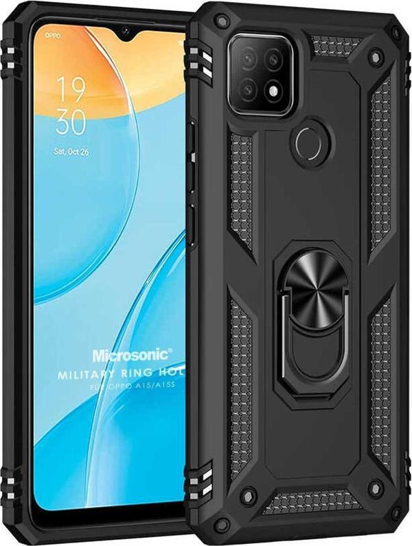 Microsonic Oppo A15 Kılıf Military Ring Holder Siyah - Image 1