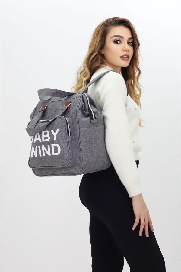 Termal Biberon Bölmeli Gri Anne Bebek Bakım Çantası Deri Detaylı Askılı Bebek Arabası Uyumlu - Image 1