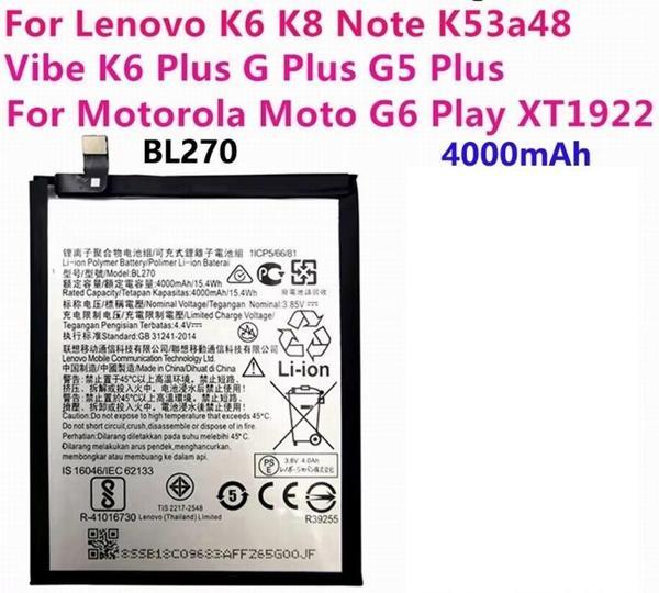  Lenovo K6 K8 Note K53a48 Vibe K6 G G5 Plus 4000mAh BL270 Battery Batarya Pil - Image 1