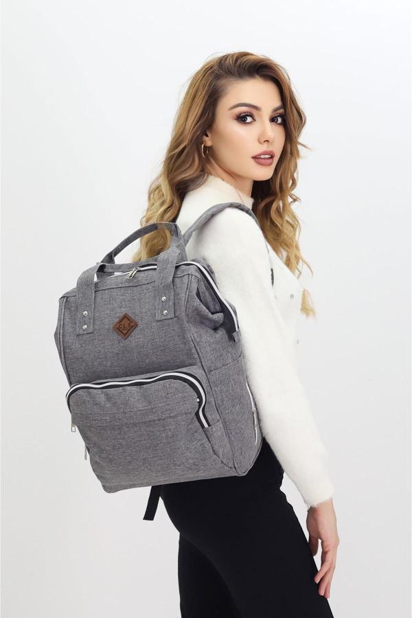 Termal Bölmeli Gri Anne Bebek Sırt Çantası Melanj Kumaş Su Geçirmez Bebek Bakım Çantası Puset Uyumlu - Image 1