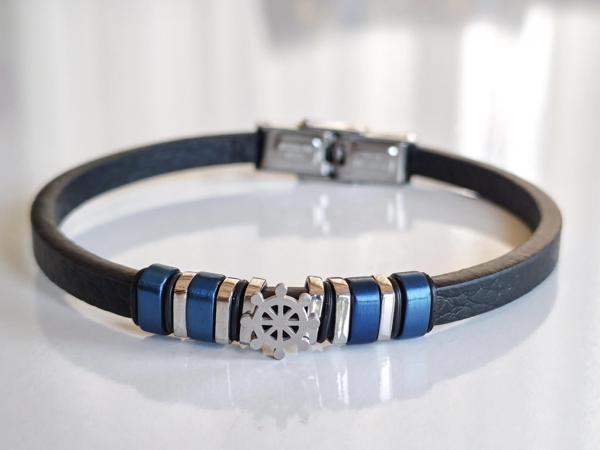 Deri Kordonlu Seramik Taşlı Gemici Dümenli Lüks Erkek Bileklik - Image 1