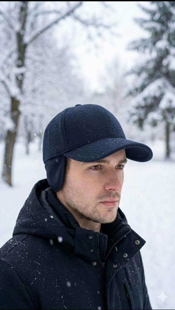 Kulaklı Lacivert Kaşe Şapka Kışlık Kaşe Erkek Şapka - Image 1
