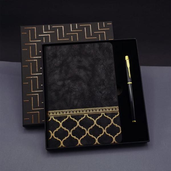 Gold Desen Siyah Deri Defter Kalem Set - Image 1