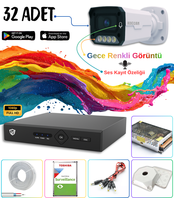 Adecam 32 li Full HD AHD Güvenlik Kamera Sistemi Cepten İzleme - Gece Renkli & Sesli Set + 30 Gün Kayıt  - Image 1