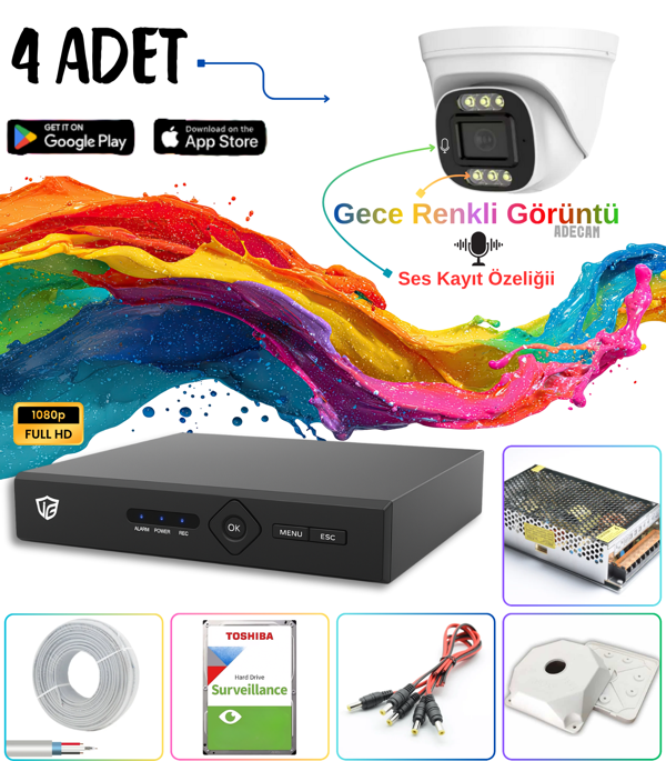 Adecam 4 lü Full HD AHD Güvenlik Kamera Sistemi + 30 Gün Kayıt, Cepten İzleme - Gece Renkli & Sesli Set - Image 1
