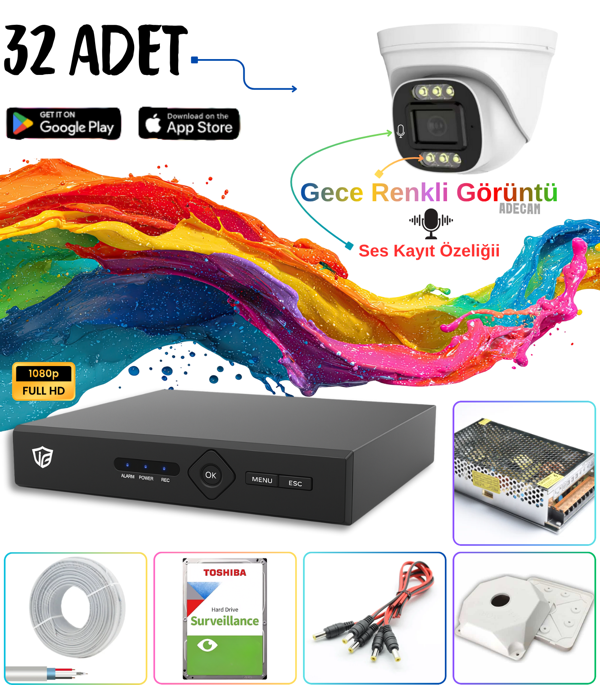Adecam 32 li Full HD AHD Güvenlik Kamera Sistemi + 30 Gün Kayıt, Cepten İzleme - Gece Renkli & Sesli Set - Image 1