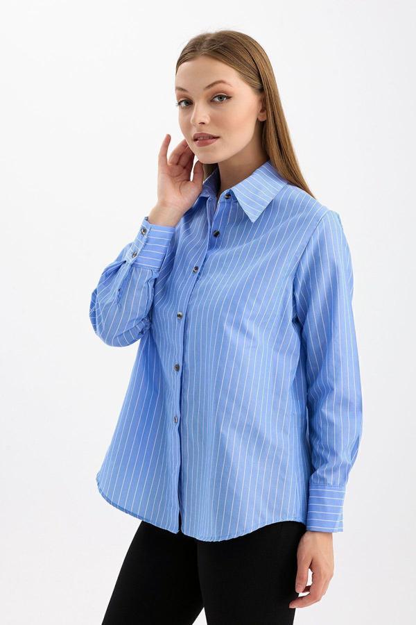 Sense Rahat Kalıp Uzun Kol Kadın Çizgili Gömlek Mavi Gml35705
Gml35705 - Image 1