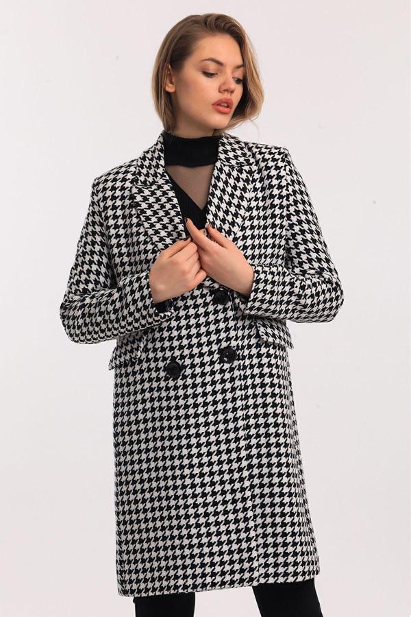 Sense Astarlı Desenli Uzun Kaban Siyah Beyaz Kaz Ayağı Kbn33166
Kbn33166 - Image 1