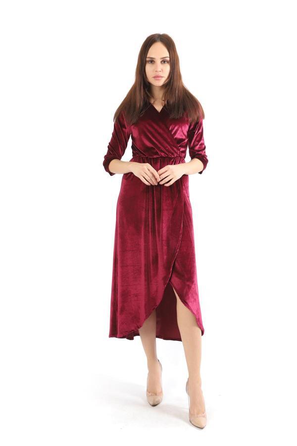 Sense Kruvaze Yaka Eteği Parçalı Kadife Abiye Elbise Bordo Elb31776
Elb31776 - Image 1