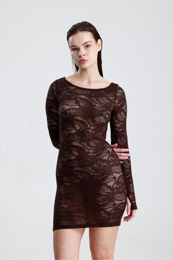 Sense Dantel Mini Elbise - Uzun Kollu Şık Gece Ve Parti Elbisesi Kahve Elb36380
Elb36380 - Image 1