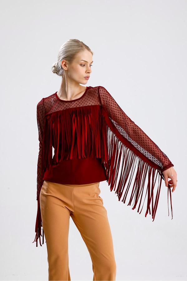 Sense Püsküllü Dalgıç Scuba Krep Tül Bluz Bordo Blz33372
Blz33372 - Image 1