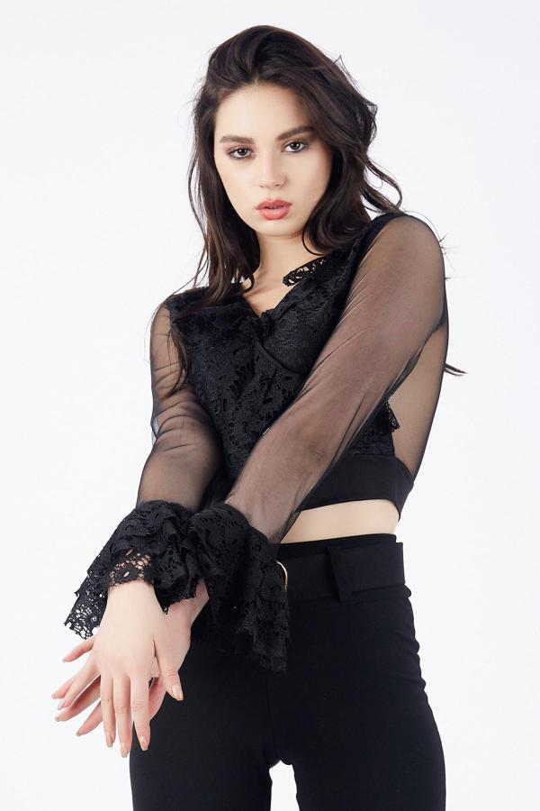 Sense Kollar Tül Kruvaze Dantel Bluz | Blz31422 Siyah - Image 1