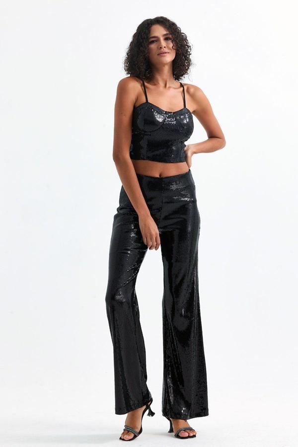 Sense Geniş Paçalı Payet Pantolon | Pnt32440 Siyah - Image 1