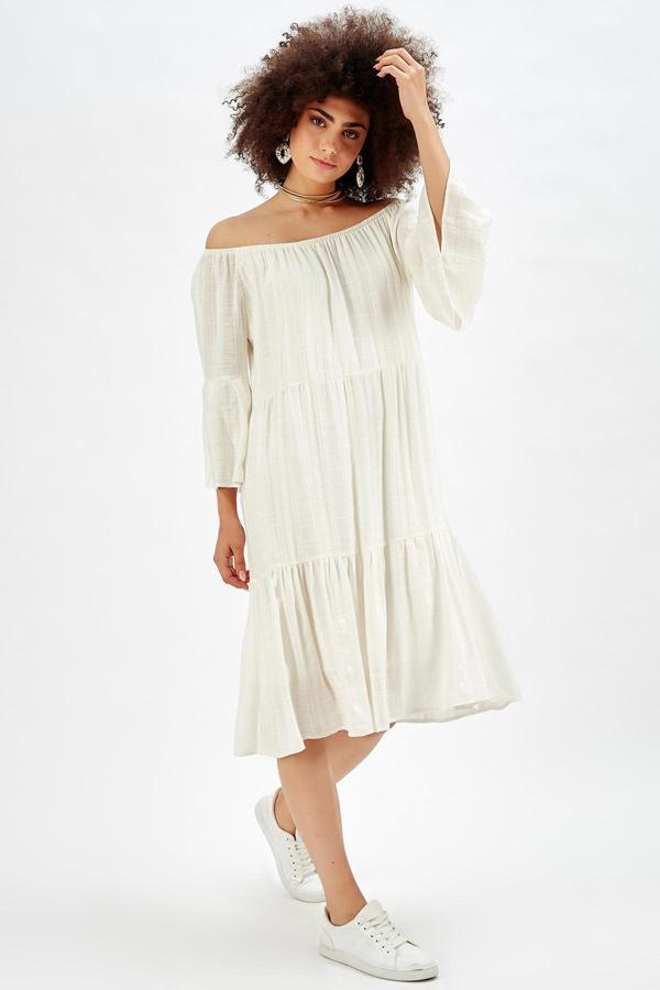 Sense Uzun Kol Madonna Yaka Elbise | Elb32691 Ekru - Image 1