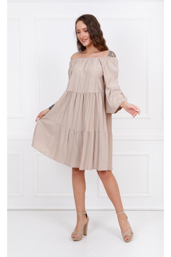 Sense Uzun Kol Madonna Yaka Elbise | Elb32691 K.Vizon - Image 1