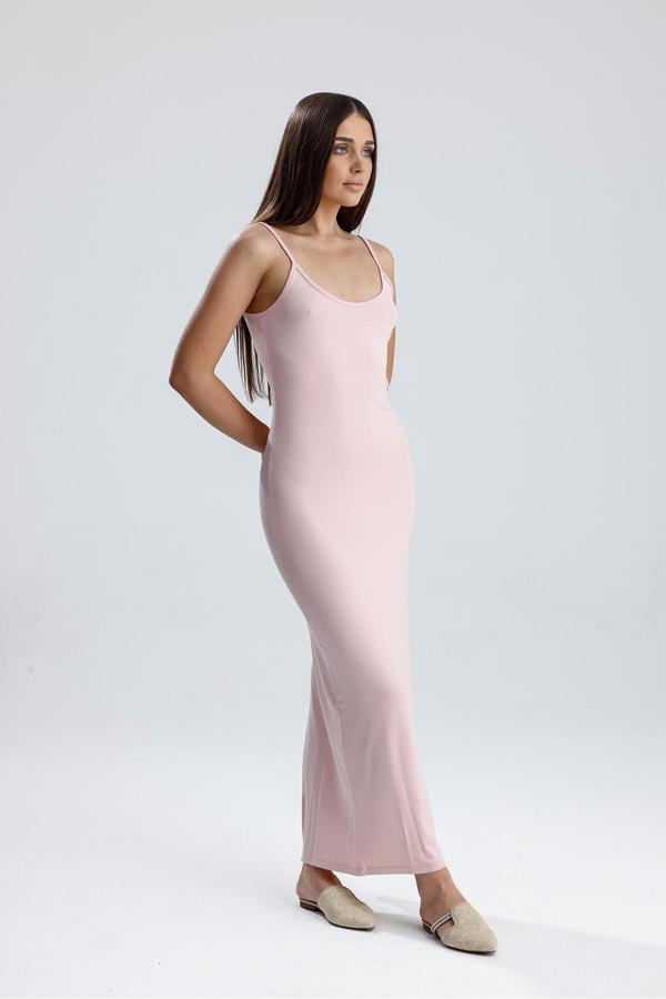 Sense Yırtmaçlı Askılı Likralı Viskon Elbise | Elb35782 Pudra - Image 1