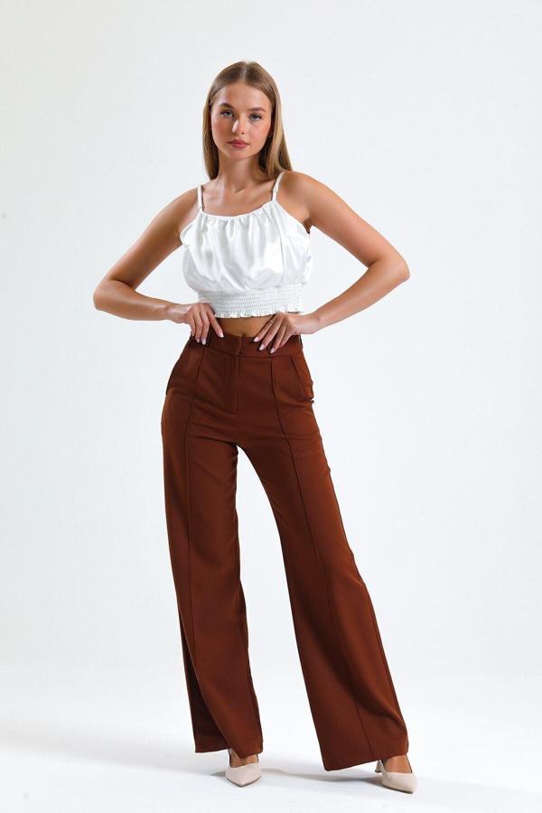 Sense Süs Dikişli Hürrem Kumaş Bol Paça Pantolon | Pnt34239 Kahve - Image 1