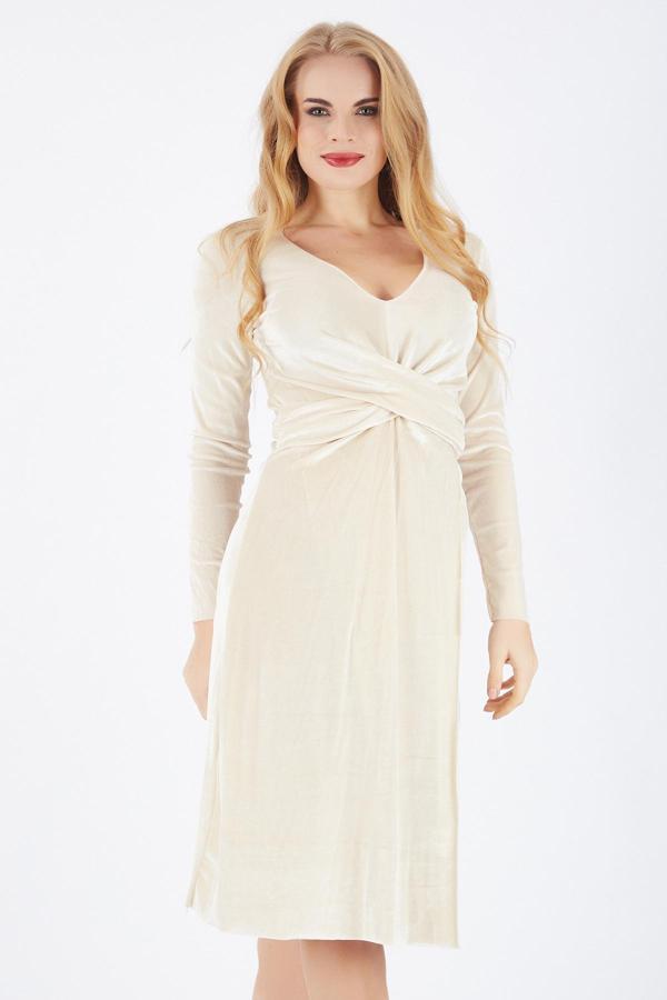 Sense Ön Kruvaze U.Kol Kadife Elbise | Elb32410 Bej - Image 1