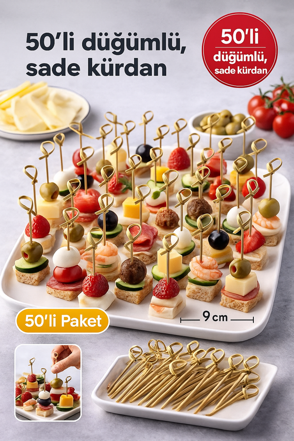 50’li Kahve Düğümlü Bambu Kürdan 9 cm – Parti Sunum, Kokteyl, Kanepelik Doğal Servis Çubuğu - Image 1