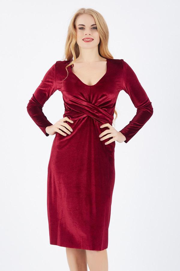 Sense Ön Kruvaze U.Kol Kadife Elbise | Elb32410 Bordo - Image 1