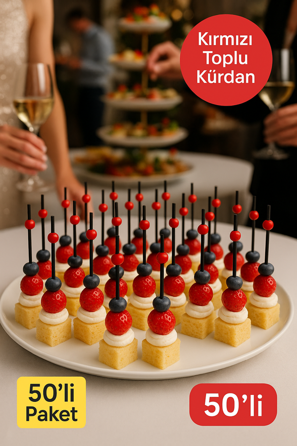 50’li Paket Kırmızı Top Siyah Bambu Kürdan 9 cm – Kokteyl, Kanepe ve Tatlı Sunum Kürdanı - Image 1