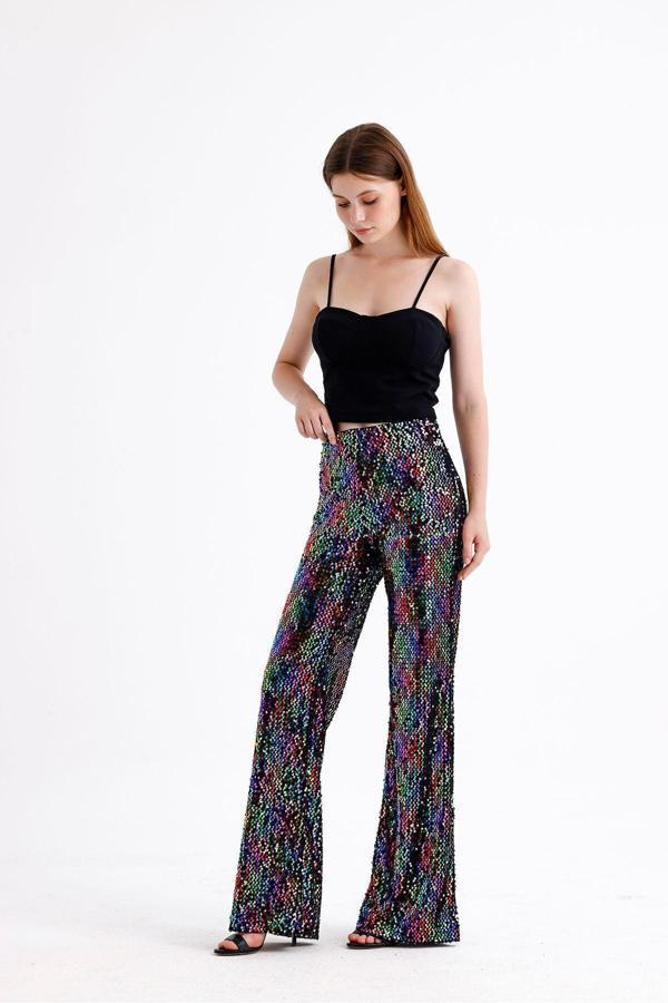 Sense Lastikli Geniş Paça Payetli Abiye Pantolon | Pnt33970 Siyah Lila - Image 1
