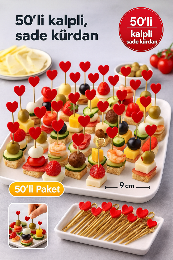 50’li Davul Kırmızı Kalpli Sunum Kürdanı 12 cm – Parti, Kokteyl, Kanepe ve Tatlı Süsleme  - Image 1