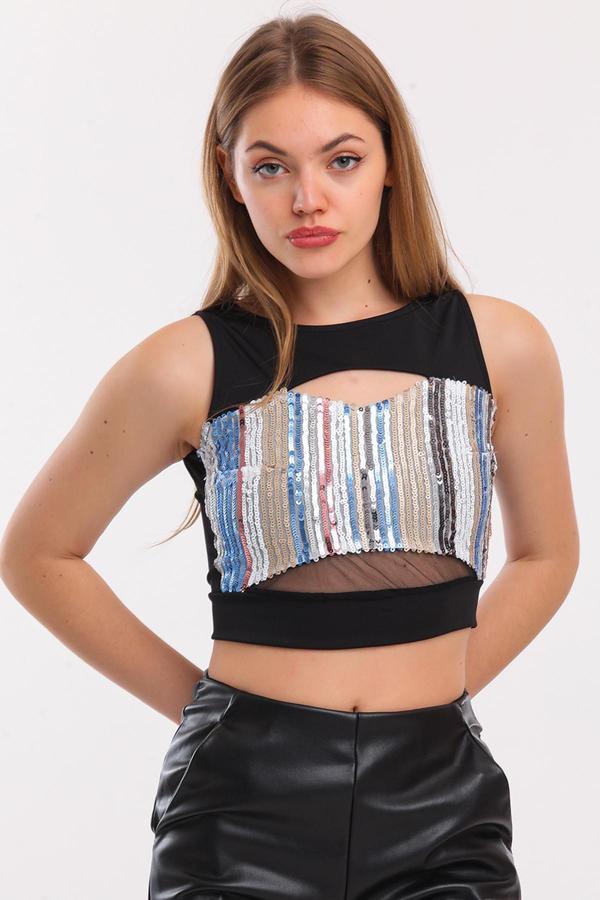 Sense Fermuarlı Önü Payetli Büstiyer | Blz32119 Siyah - Image 1