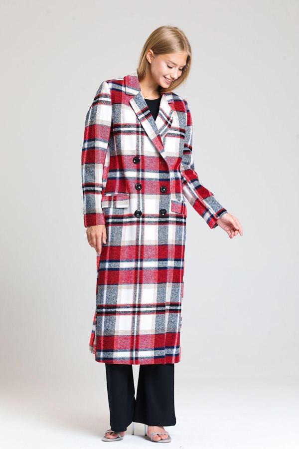 Sense Astarlı Desenli Uzun Kaban | Kbn34176 Kırmızı Ekose - Image 1