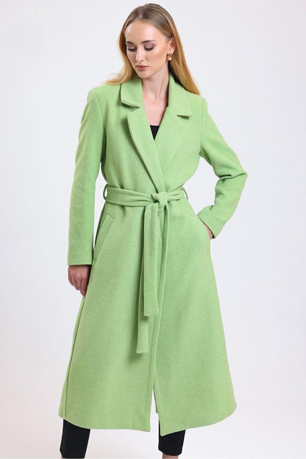 Sense Yırtmaç Detaylı Kuşaklı Uzun Kaşe Kaban | Kbn34637 Mınt - Image 1