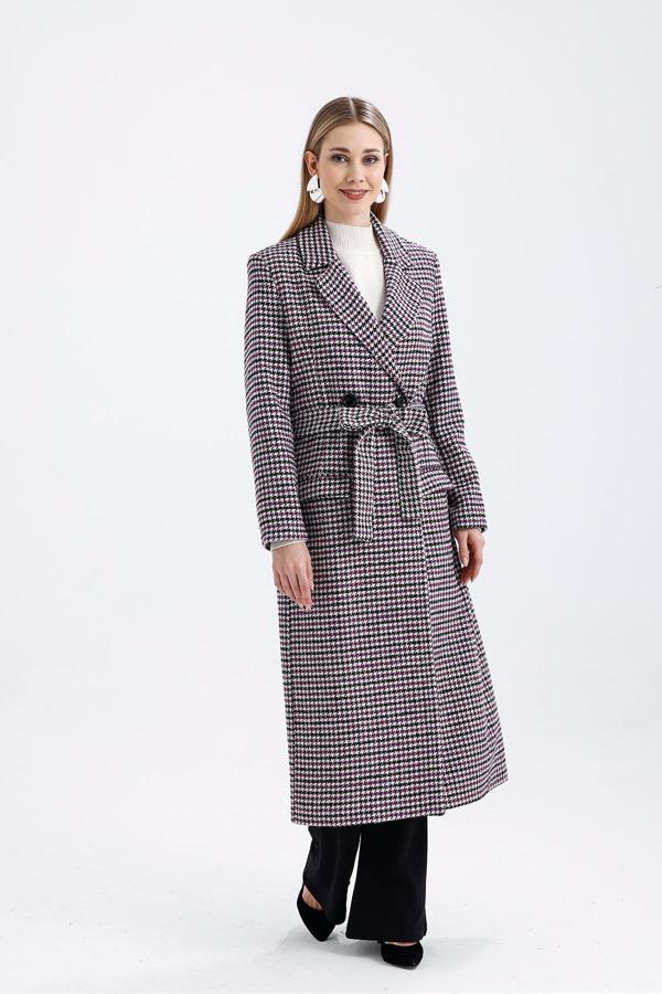 Sense İçi Astarlı Önü Düğmeli Beli Kuşaklı Kazayağı Uzun Kaban | Knb36014 Siyah Mor Kaz Ayağı - Image 1