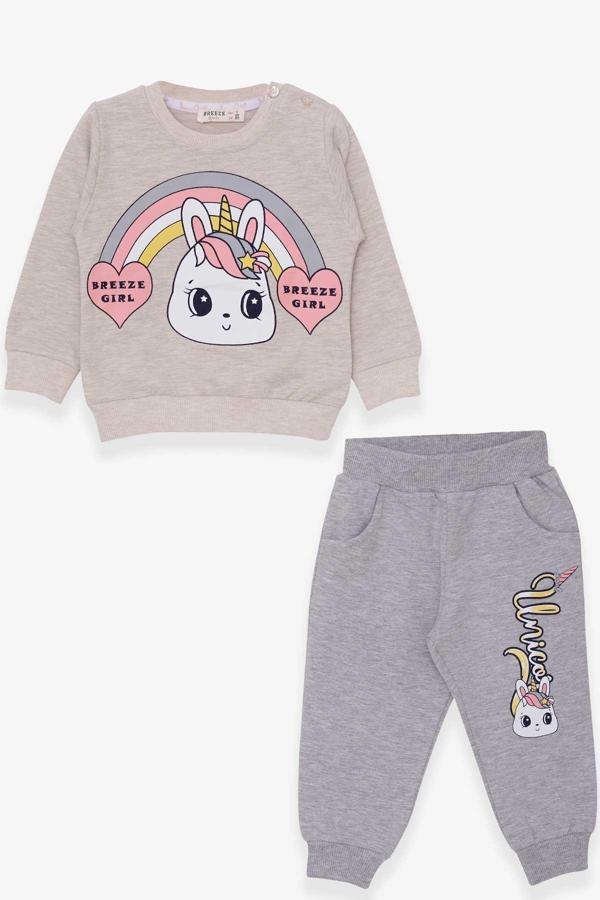 Breeze Kız Çocuk Eşofman Takımı Unicorn Baskılı 1-4 Yaş, Bej Melanj - Image 1