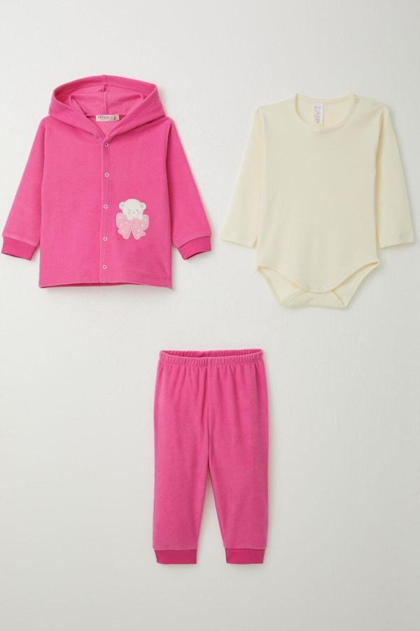 Breeze Kız Bebek Zıbınlı 3 Lü Kadife Takım Sevimli Ayıcık Nakışlı 4 Ay-1 Yaş, Fuşya - Image 1