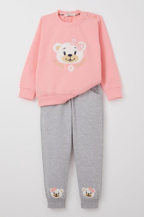 Breeze Kız Bebek Eşofman Takım Sevimli Ayıcık Nakışlı Çiçekli 9 Ay-3 Yaş, Pembe - Image 1