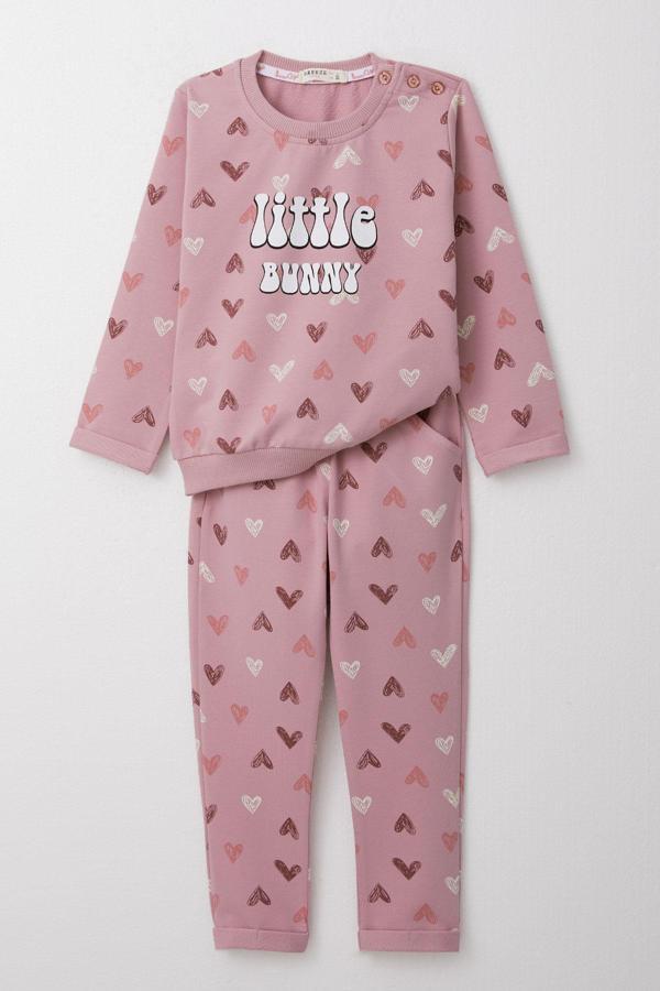 Breeze Kız Bebek Eşofman Takım Renkli Kalp Desenli 9 Ay-3 Yaş, Gülkurusu - Image 1