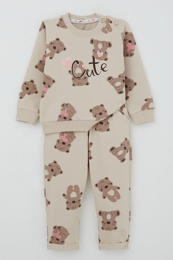 Breeze Kız Bebek Eşofman Takım Mutlu Ayıcık Desenli 6 Ay-2 Yaş, Bej - Image 1