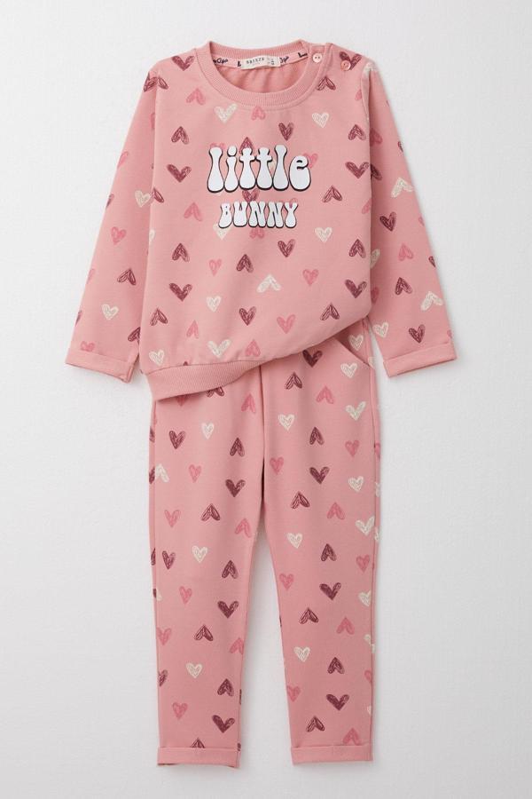 Breeze Kız Bebek Eşofman Takım Renkli Kalp Desenli 9 Ay-3 Yaş, Gülkurusu - Image 1