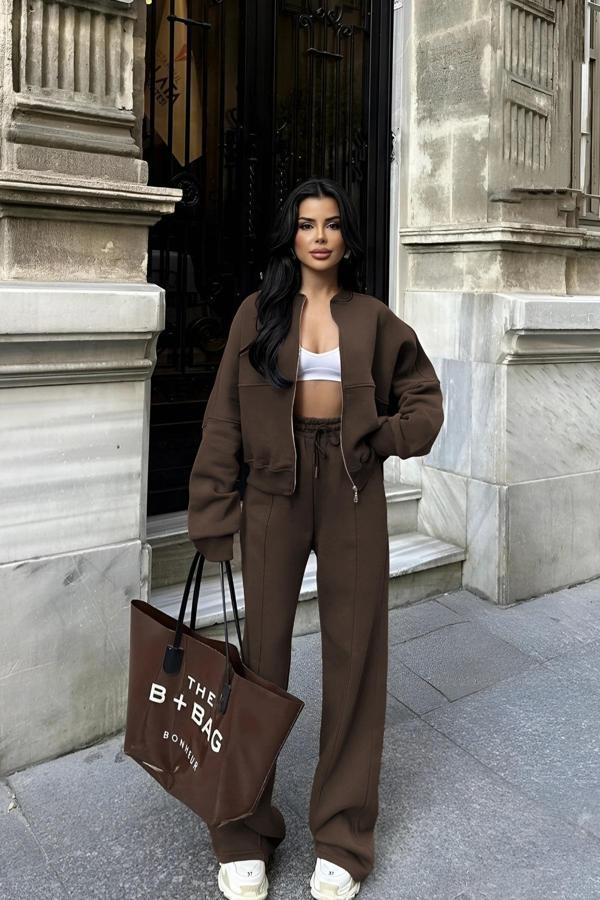 Yakamel Kadın 3 İplik Premium Fermuarlı Bomber Ceket Eşofman Takımı - Image 1