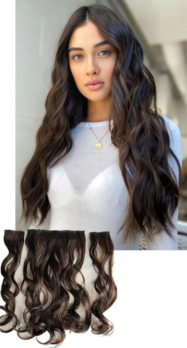 Isıya Dayanıklı Yarım Ay Saç Çıt Çıt Dalgalı Koyu Kestane 60cm 110gr (4#) - Image 1