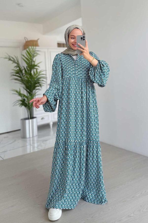 Geometrik Desenli Kuşaklı Elbise - Mavi - Image 1